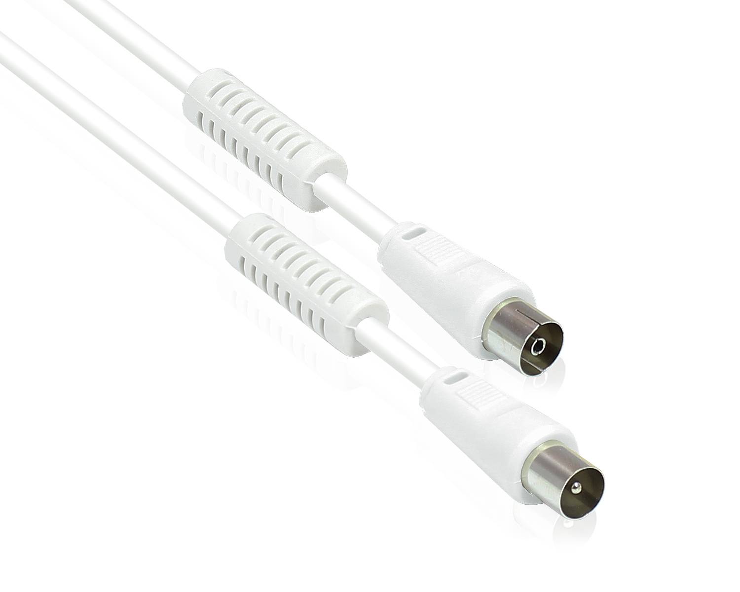 Zwei weiße koaxiale Kabelstecker mit metallischen männlichen Steckern auf einfachem weißem Hintergrund.