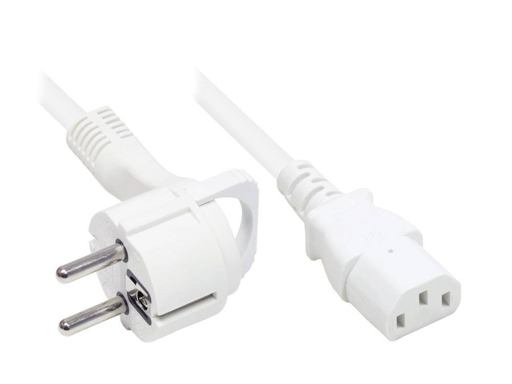 Good Connections® Netzkabel Schutzkontakt-Flachstecker Typ E+F (gewinkelt) an C13 (gerade), weiß, 0,75 mm², 1,5 m