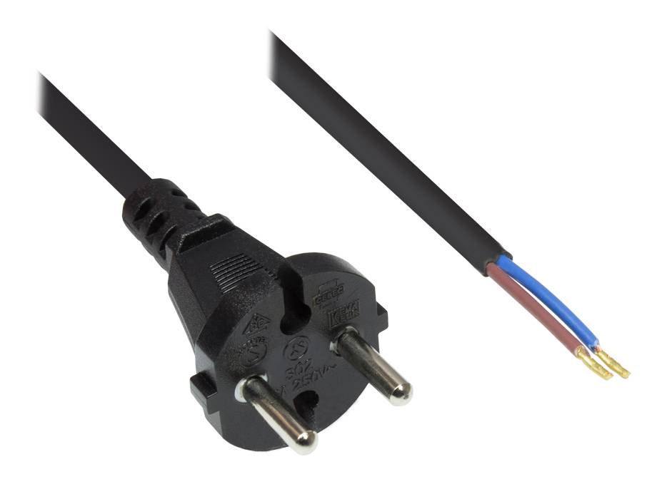 Good Connections® Netzkabel Konturenstecker gerade an abisolierten Enden, schwarz, 7,5m