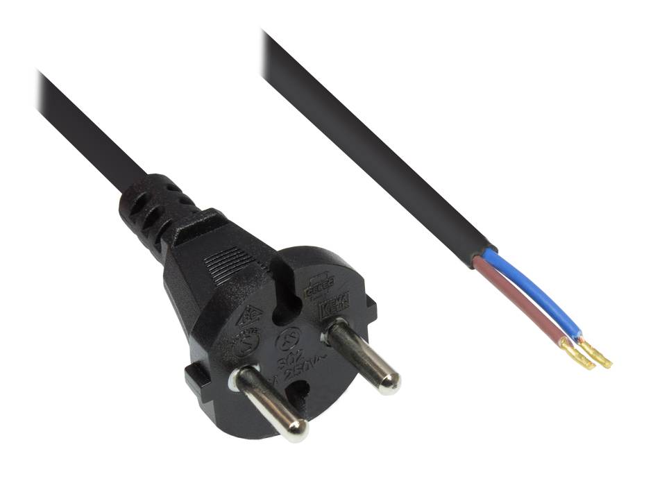Good Connections® Netzkabel Konturenstecker gerade an abisolierten Enden, schwarz, 10m