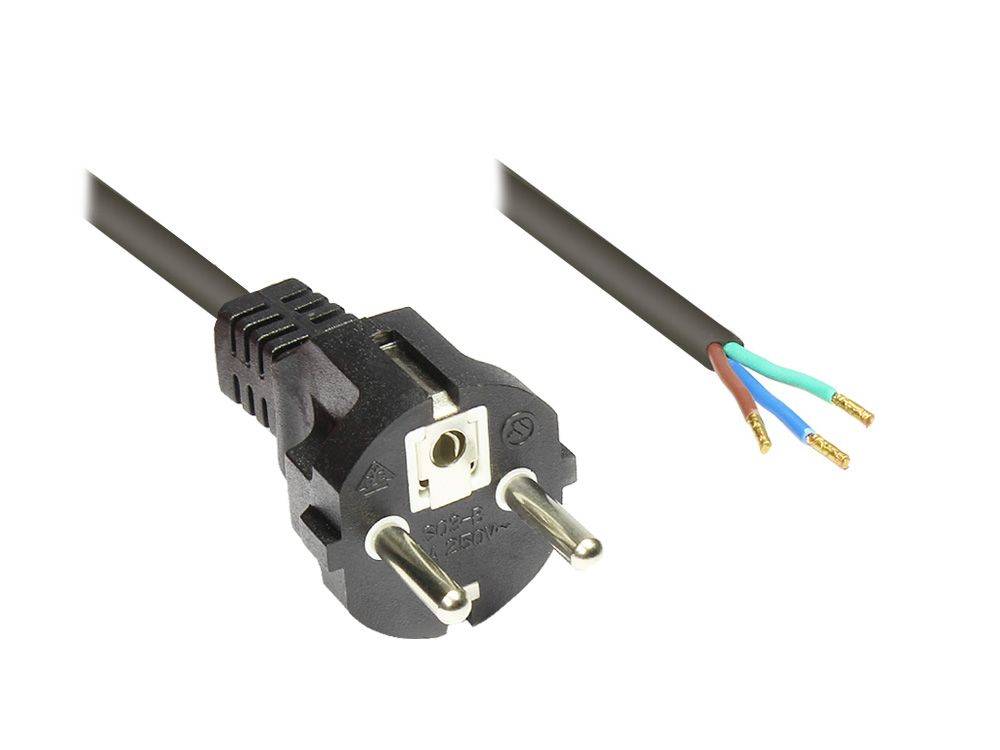 Good Connections® Netzkabel Schutzkontakt-Stecker gerade abisolierte Enden, schwarz, 2m