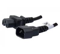 Zwei schwarze C13-Netzkabel mit Steckern sind abgebildet, eines zeigt nach oben und das andere nach unten, was auf Verbindungszwecke hinweist.