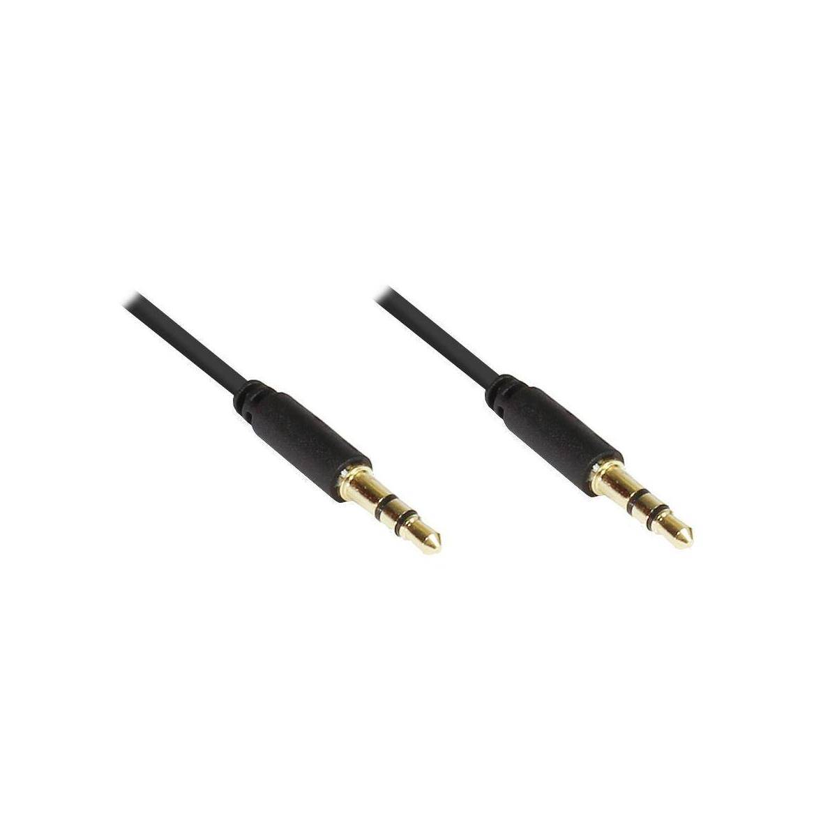 Zwei schwarze 3,5-mm-Audiokabel mit vergoldeten Steckern auf weißem Hintergrund.