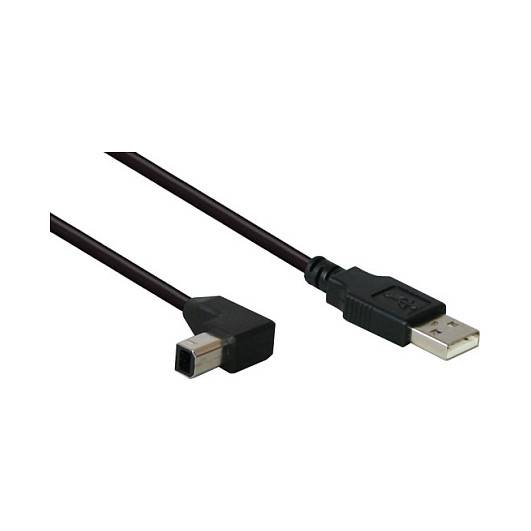Zwei schwarze USB-Kabel mit abgewinkelten Steckern, die einen Standard-USB-A-Stecker und einen kleineren USB-Gerätestecker auf weißem Hintergrund zeigen.