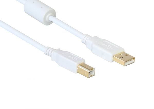 Good Connections® Anschlusskabel USB 2.0 Stecker A an Stecker B, mit Ferritkern, vergoldet, weiß, 1m