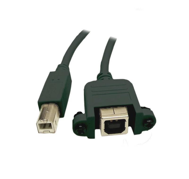 USB-Kabel mit zwei Steckern: ein quadratischer USB-Typ-B-Stecker auf der einen Seite und ein größerer druckerartiger Stecker auf der anderen Seite.