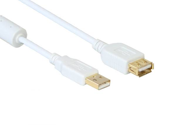 Good Connections® Verlängerung USB 2.0 Stecker A an Buchse A, mit Ferritkern, vergoldet, weiß, 1,8m