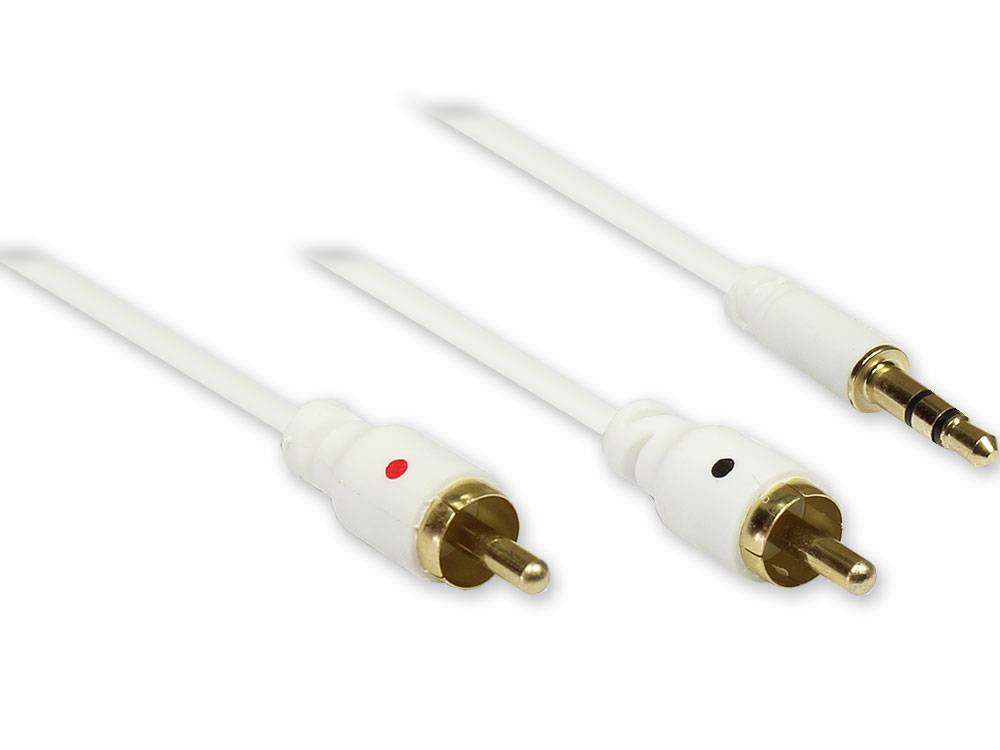 Good Connections® Super Slim Audiokabel, 3,5mm Stereo Mini-Stecker auf 2x Cinchstecker, Rundkabel, weiß, 1,5m