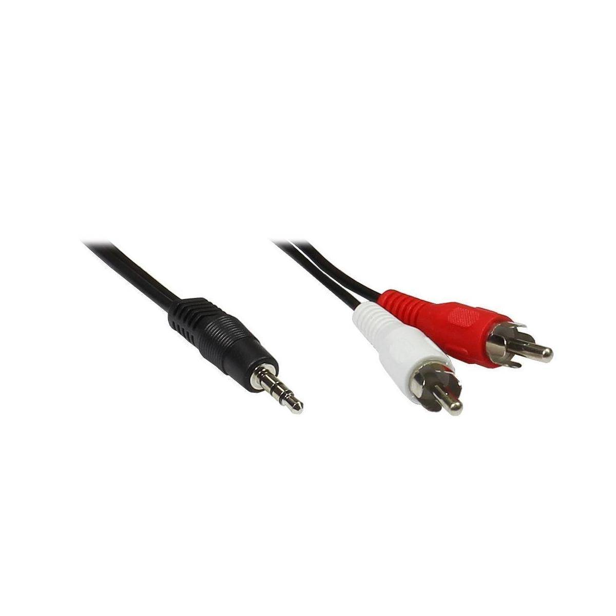Schwarzer 3,5-mm-Audiostecker und rote/weiße RCA-Stereostecker auf Kabeln