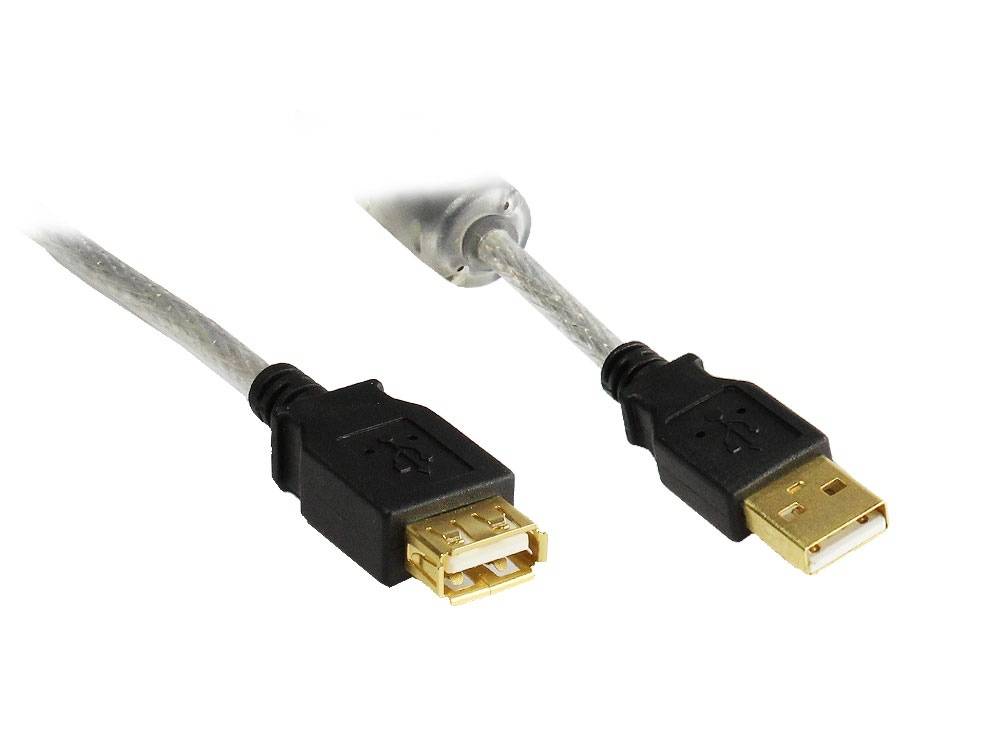 Kabelmeister® Verlängerung USB 2.0 High Quality mit Ferritkern und Goldkontakten, transparent, 3m