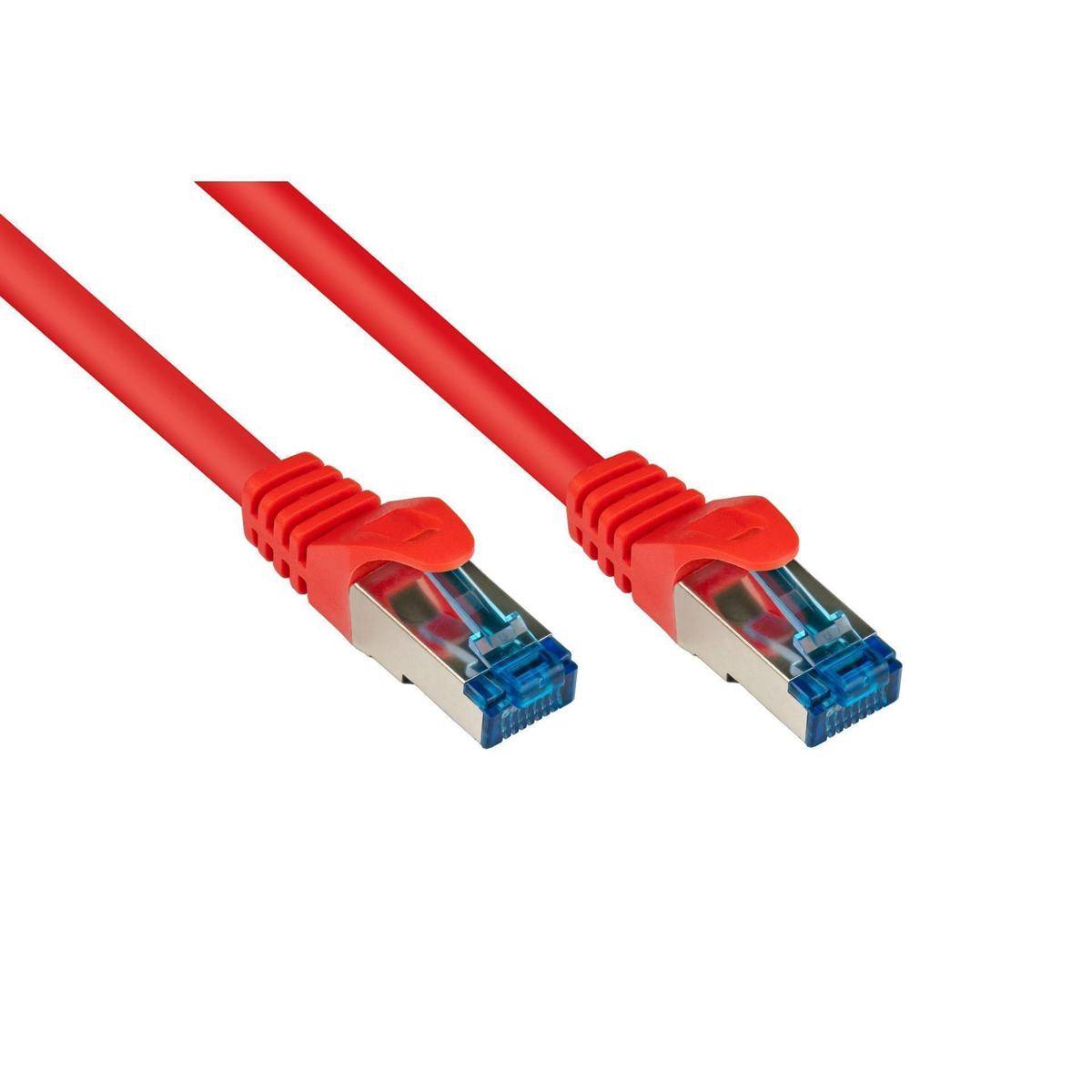 Zwei rote Ethernet-Kabel mit Metallsteckern, nebeneinander platziert, die Komponenten der Netzwerkverbindung veranschaulichen.