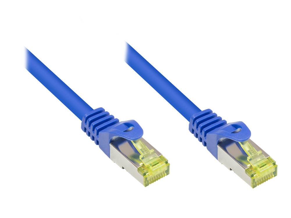 Kabelmeister® RJ45 Patchkabel mit Cat. 7 Rohkabel und Rastnasenschutz (RNS®), S/FTP, PiMF, halogenfrei, blau, 0,25m