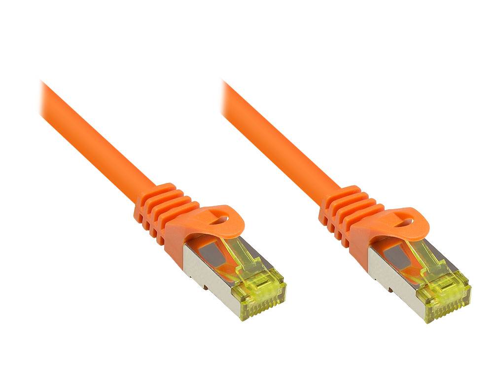 Kabelmeister® RJ45 Patchkabel mit Cat. 7 Rohkabel und Rastnasenschutz (RNS®), S/FTP, PiMF, halogenfrei, orange, 0,25m