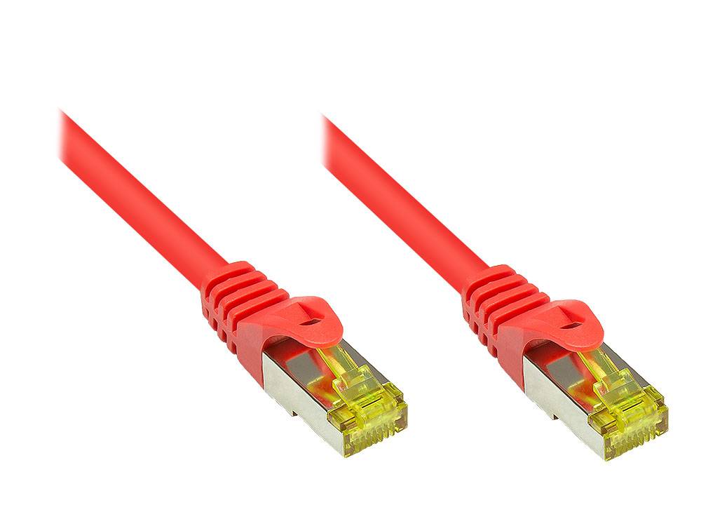 Kabelmeister® RJ45 Patchkabel mit Cat. 7 Rohkabel und Rastnasenschutz (RNS®), S/FTP, PiMF, halogenfrei, rot, 0,25m