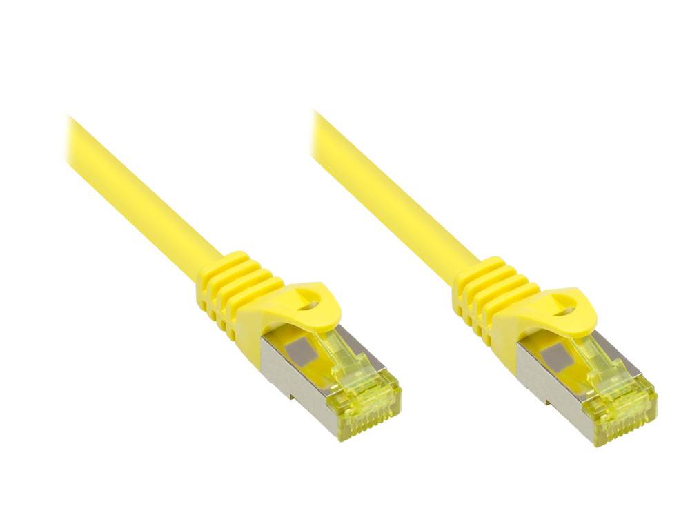 Kabelmeister® RJ45 Patchkabel mit Cat. 7 Rohkabel und Rastnasenschutz (RNS®), S/FTP, PiMF, halogenfrei, gelb, 2m