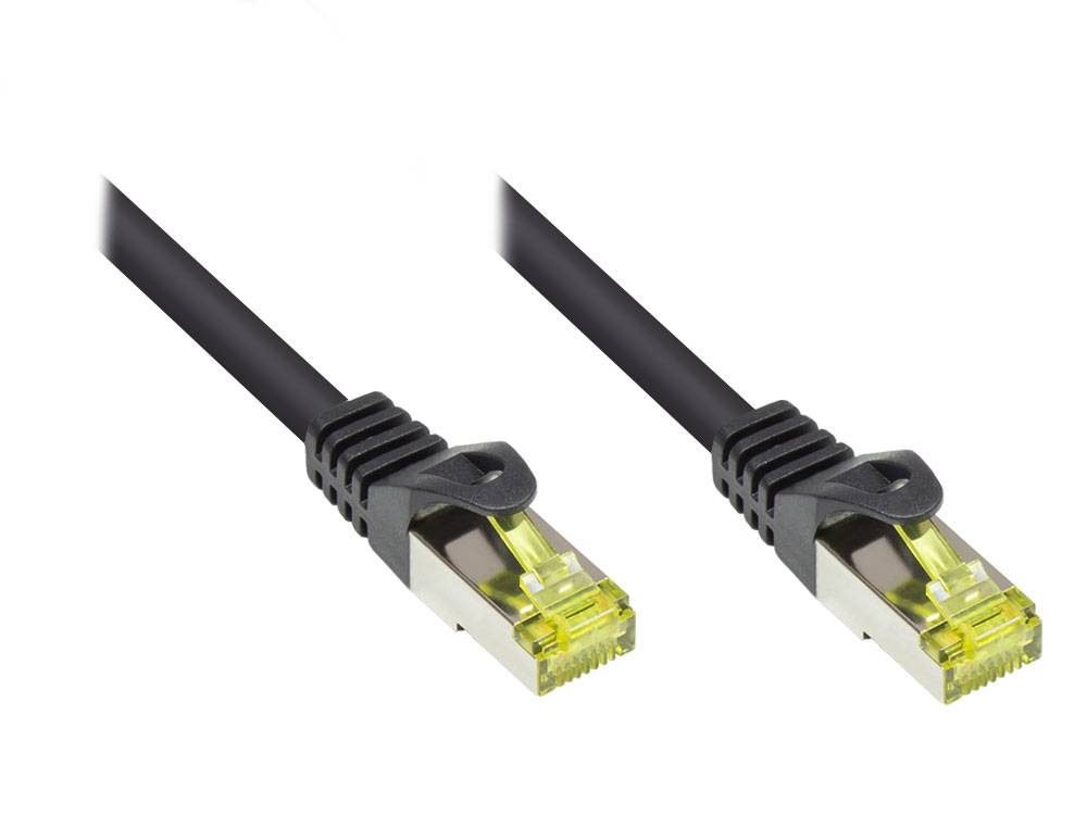 Kabelmeister® RJ45 Patchkabel mit Cat. 7 Rohkabel und Rastnasenschutz (RNS®), S/FTP, PiMF, halogenfrei, schwarz, 20m