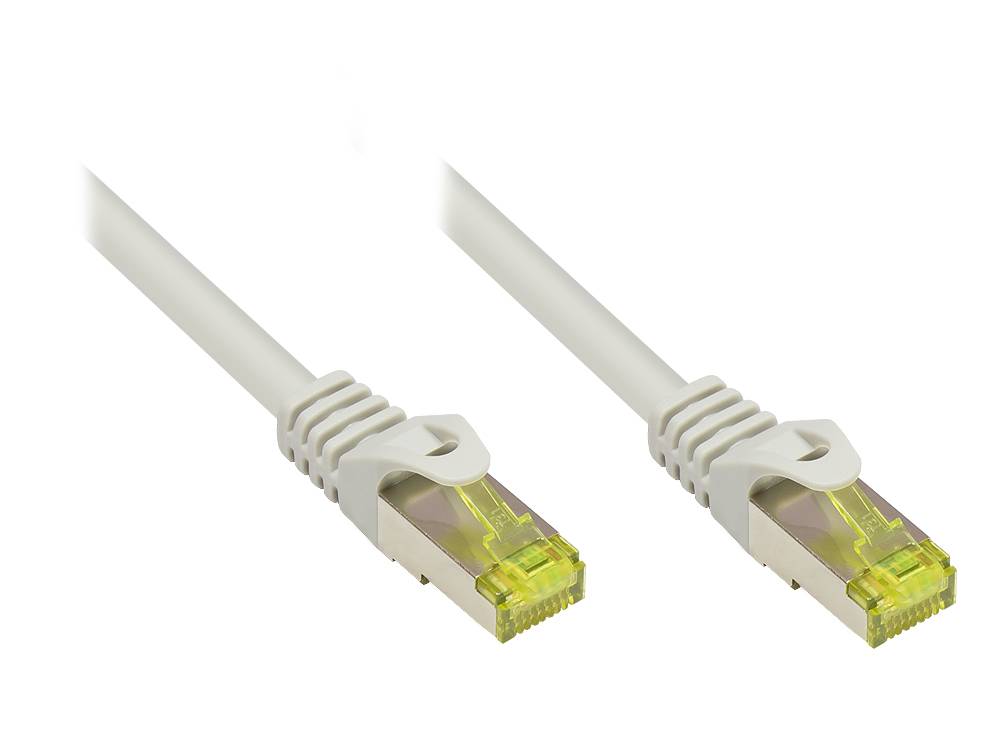 Kabelmeister® RJ45 Patchkabel mit Cat. 7 Rohkabel und Rastnasenschutz (RNS®), S/FTP, PiMF, halogenfrei, grau, 30m