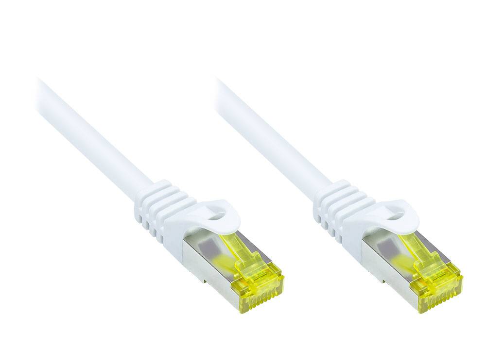 Kabelmeister® RJ45 Patchkabel mit Cat. 7 Rohkabel und Rastnasenschutz (RNS®), S/FTP, PiMF, halogenfrei, weiß, 30m