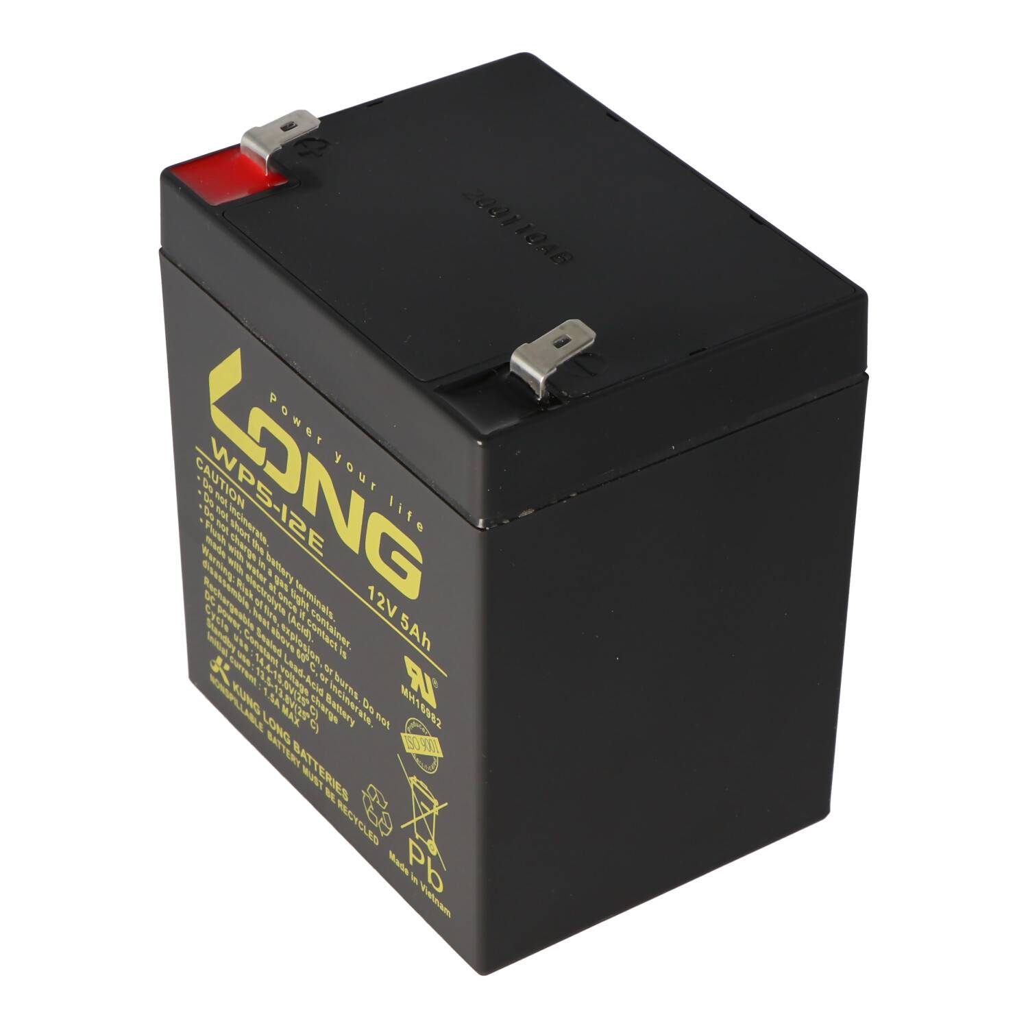 Schwarze wiederaufladbare Batterie mit Metallkontakten und gelbem Etikett, auf weißem Hintergrund abgebildet.