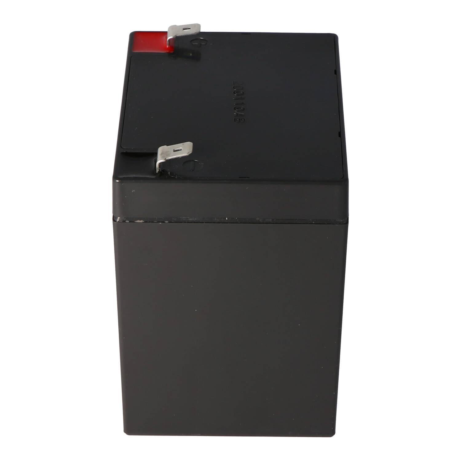 Schwarze rechteckige wiederaufladbare Batterie mit zwei Metallklemmen oben und einer roten positiven Ecke