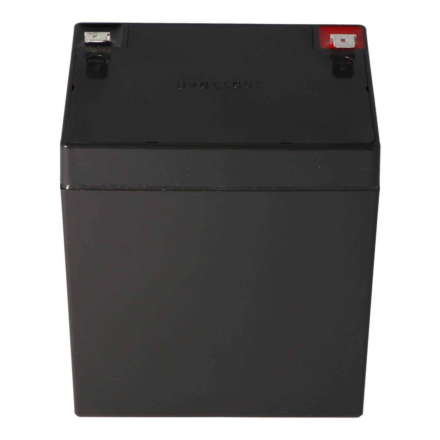 Schwarze rechteckige versiegelte Batterie mit roten und silbernen Anschlüssen oben.