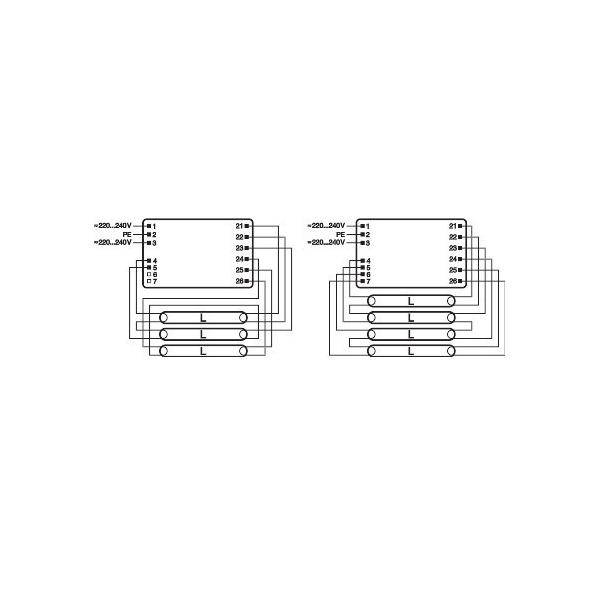 Schaltplan mit zwei identischen Mehrfach-Steckverbindern mit verknüpften Pin-Zuordnungen und 220-240V AC-Stromversorgungsanschlüssen zu drei gepaarten Lastterminals.