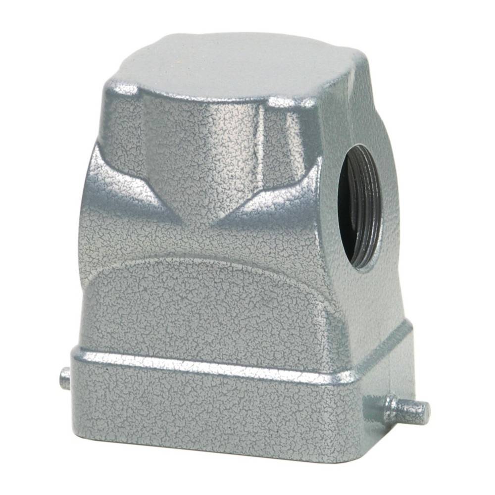 Metallisches Schutzgehäuse mit geschwungener Konstruktion und seitlicher Öffnung, typischerweise verwendet zum Umschließen von elektrischen Anschlüssen oder Komponenten.