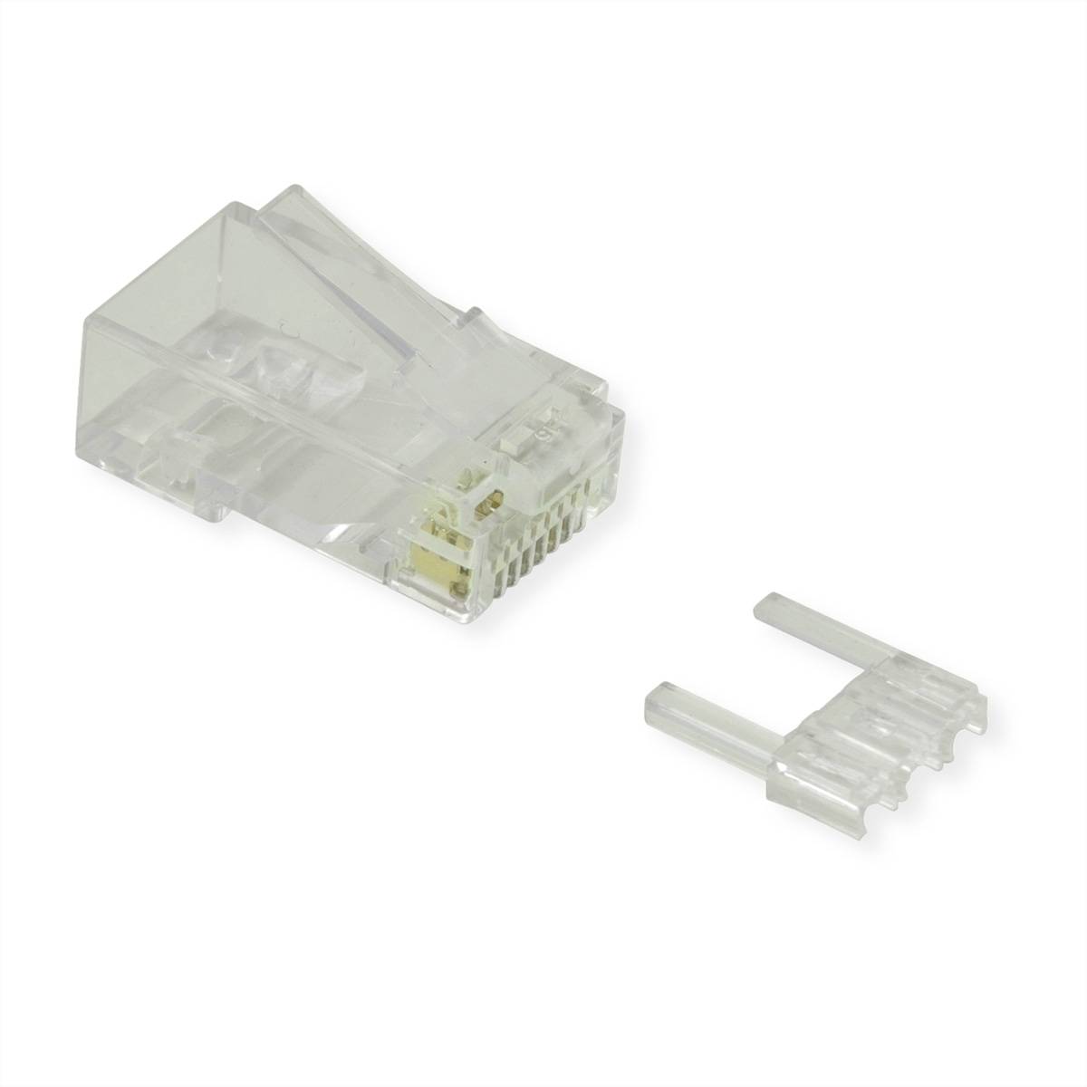 Transparenter RJ45-Ethernet-Stecker mit separatem Kunststoffeinsatz auf weißem Hintergrund.