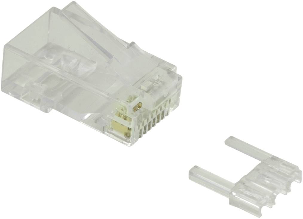 Transparenter Kunststoff-Ethernet-Kabelstecker mit kleinem abgelöstem Verriegelungsclip auf weißem Hintergrund.