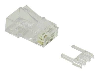 Transparenter RJ45-Ethernet-Stecker mit einem separaten kleinen Kunststoffclip oder einer Kunststoffbeilage daneben auf weißem Hintergrund