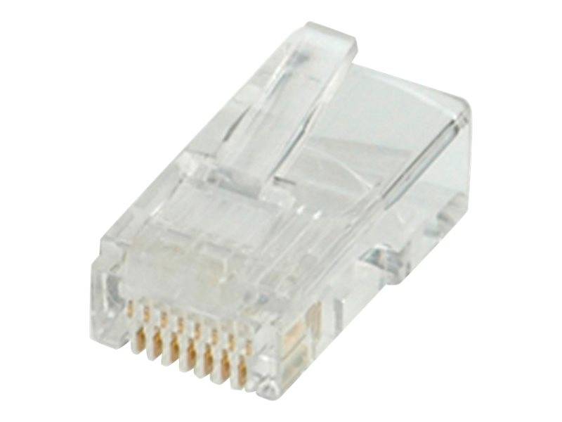 Nahaufnahme eines transparenten Kunststoff-Ethernet-Kabelsteckers mit vergoldeten Kontakten, dargestellt auf weißem Hintergrund.