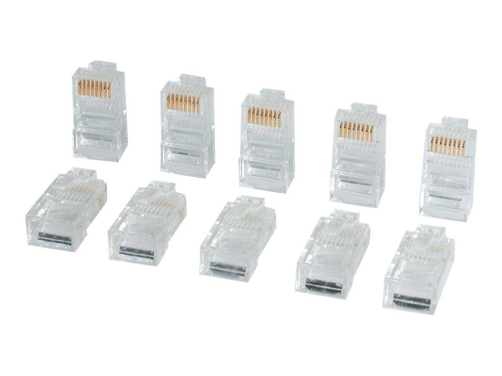 Zehn transparente RJ45-Ethernet-Stecker, dargestellt in zwei Reihen auf weißem Hintergrund.