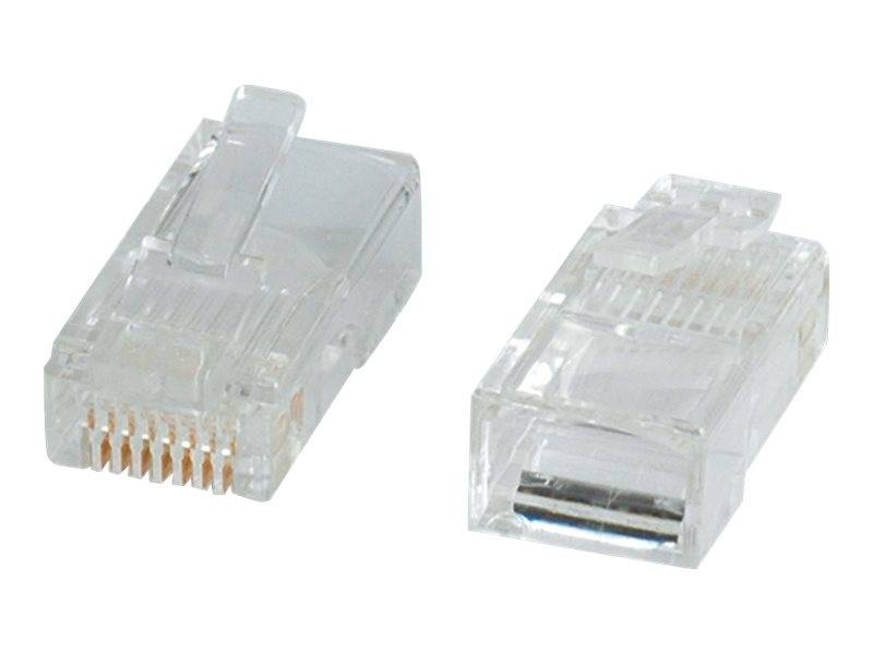 Zwei transparente RJ45-Ethernet-Kabelstecker nebeneinander, einer mit sichtbaren goldfarbenen Kontaktstiften und einer mit sichtbarer Vorderöffnung.