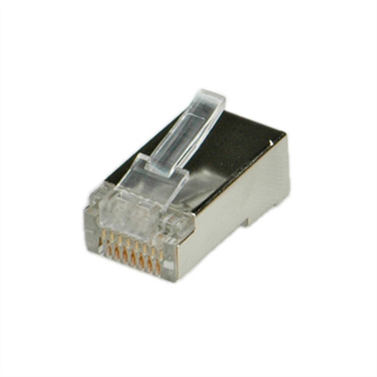 Nahaufnahme eines Ethernet-Steckers (RJ45) mit durchsichtigem Kunststoffclip und vergoldeten Kontaktstiften auf weißem Hintergrund.