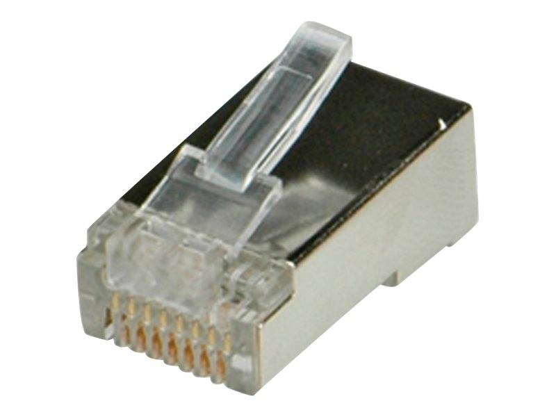 Nahaufnahme eines RJ45-Ethernet-Steckers mit transparentem Kunststoffgehäuse und vergoldeten Kontaktstiften.
