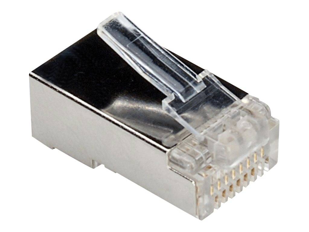 Ethernet-Kabelverbinder mit transparentem Kunststoff-RJ45-Stecker und Metallgehäuse auf weißem Hintergrund