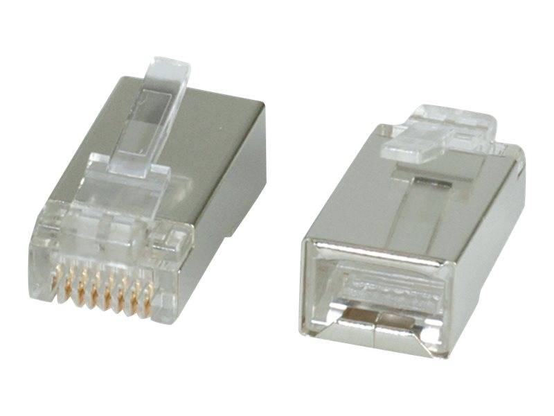 Zwei klare Kunststoff-Ethernet-/RJ45-Steckverbinder nebeneinander auf weißem Hintergrund gezeigt.