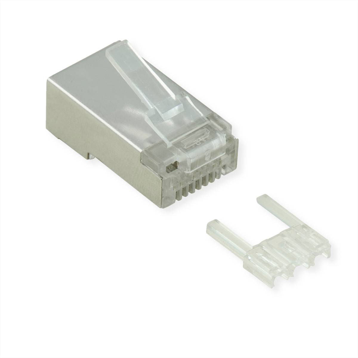 Ethernet-Kabelstecker mit transparentem Kunststoff-Zugentlastung und einem separaten losen Einsatzteil auf weißem Hintergrund.