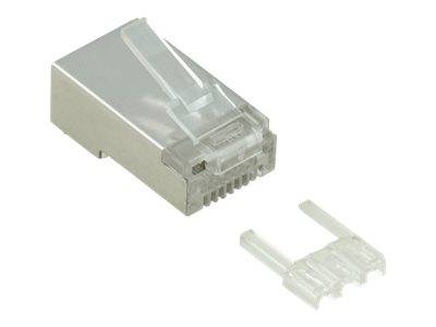 Ethernet-RJ45-Stecker und separater transparenter Kunststoffeinsatz auf weißem Hintergrund.