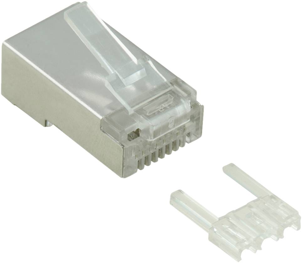 Ethernet-Kabelverbinder mit klarem Kunststoffstecker und abgelöstem Drahtmodul auf weißem Hintergrund.