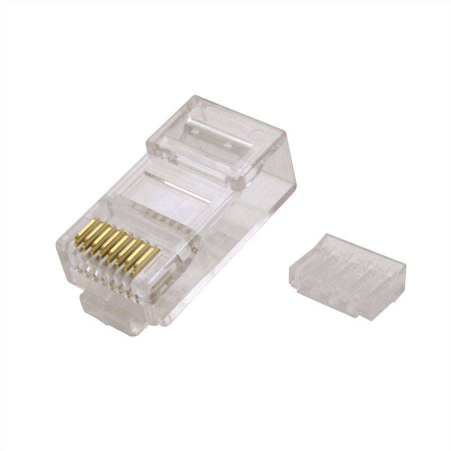 Transparenter Kunststoff-Ethernet-Stecker mit vergoldeten Kontakten, abgebildet mit separater durchscheinender Schutzkappe auf weißem Hintergrund.