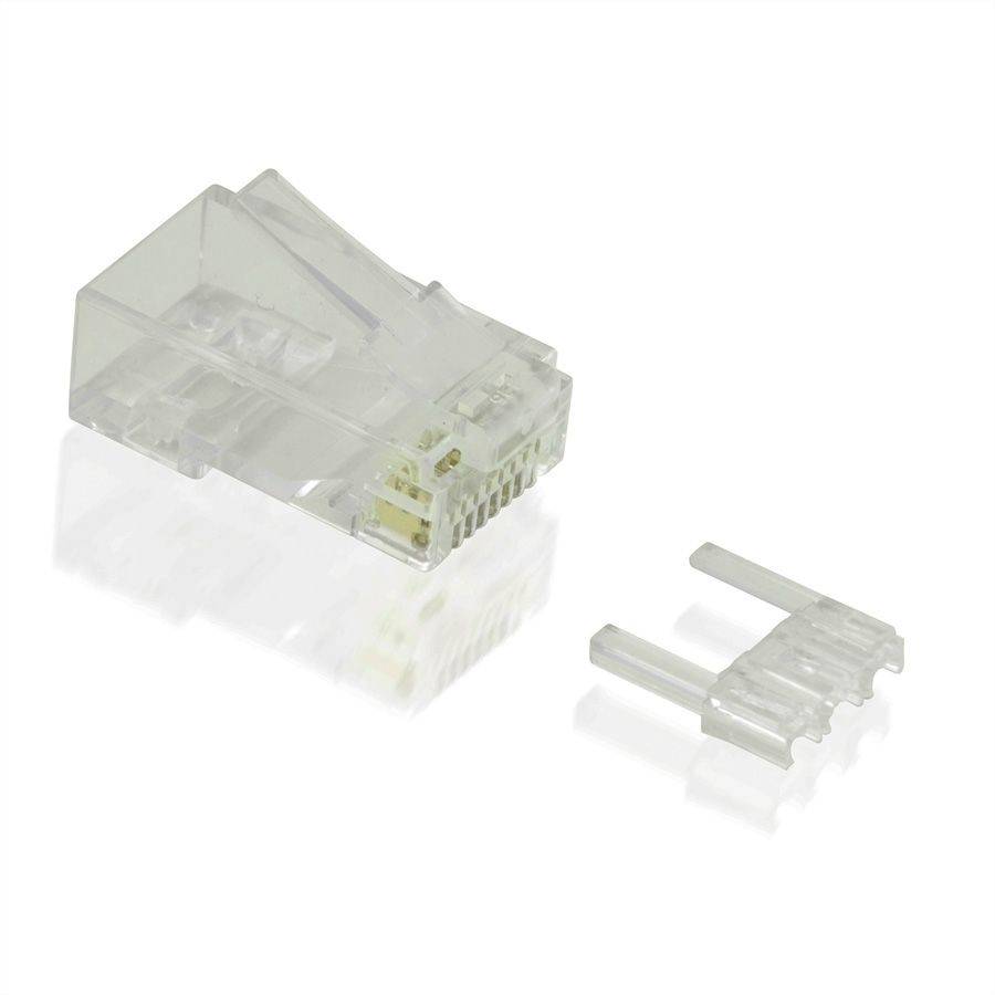 Transparentes Kunststoff-Ethernet-Kabelverbinder und separater Verriegelungsclip auf weißem Hintergrund gezeigt.