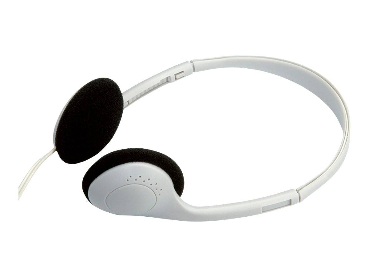 Weißes Over-Ear-Kopfhörer-Headset mit schwarzem Schaumstoff-Mikrofon-Ausleger und einem einzelnen Ohrhörer auf weißem Hintergrund.