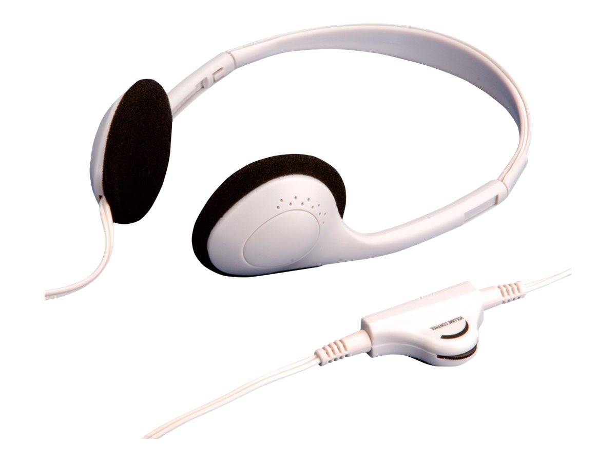 Weiße Over-Ear-Kopfhörer mit angebrachtem Kabel und integriertes Inline-Steuerungs-/Mikrofon-Modul auf neutralem Hintergrund.