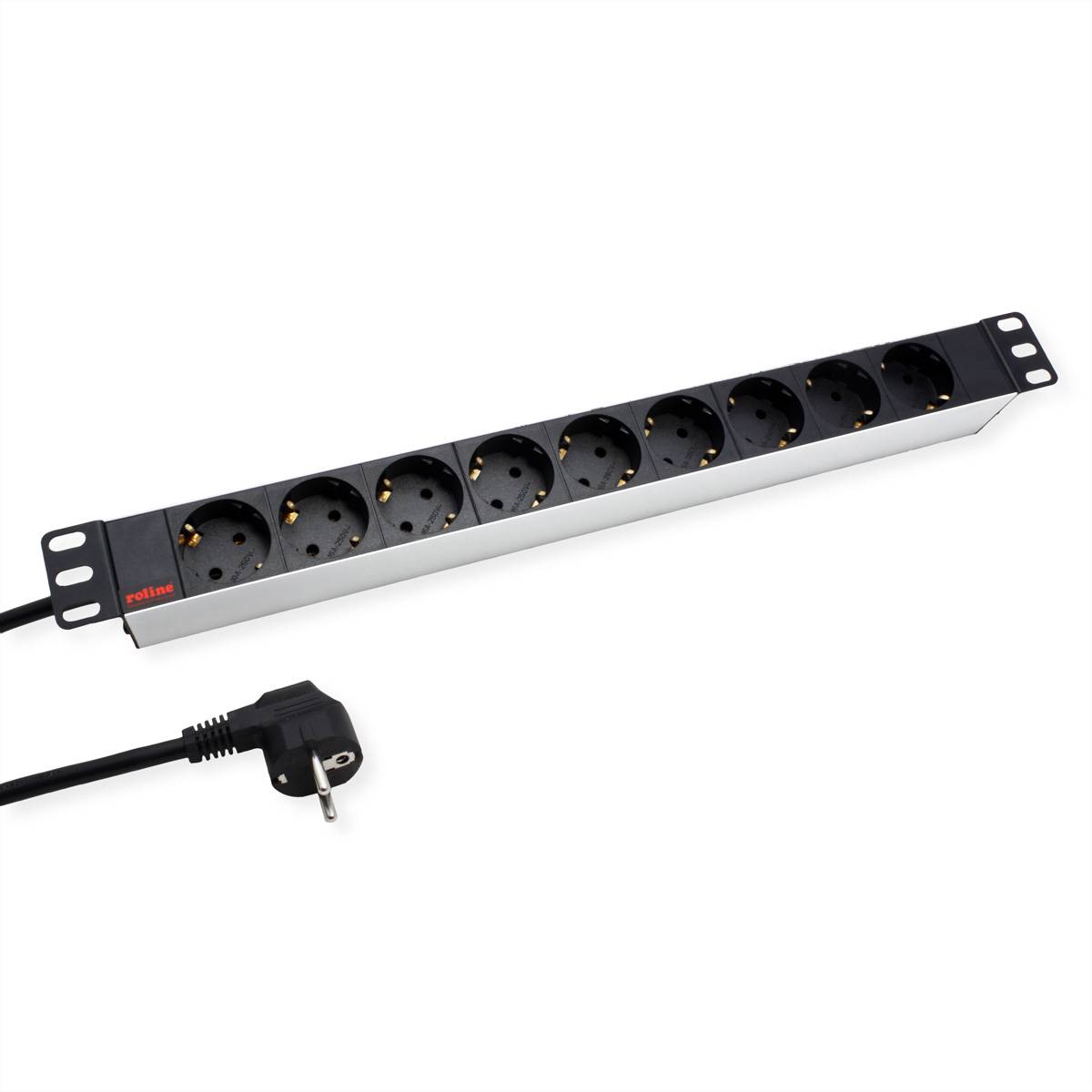 Ein Achtfach-Steckdosenleiste mit schwarzem Kabel und europäischem Stecker, zur Wandmontage ausgelegt, geeignet zur Ordnung von Stromverbindungen.