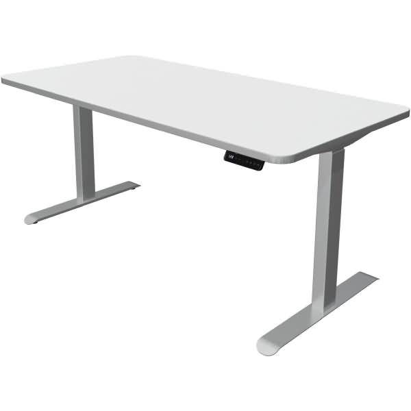 Weißer verstellbarer Stehschreibtisch mit rechteckiger Platte, dualen Metallbeinen und einem kleinen Bedienfeld unter der vorderen Kante.