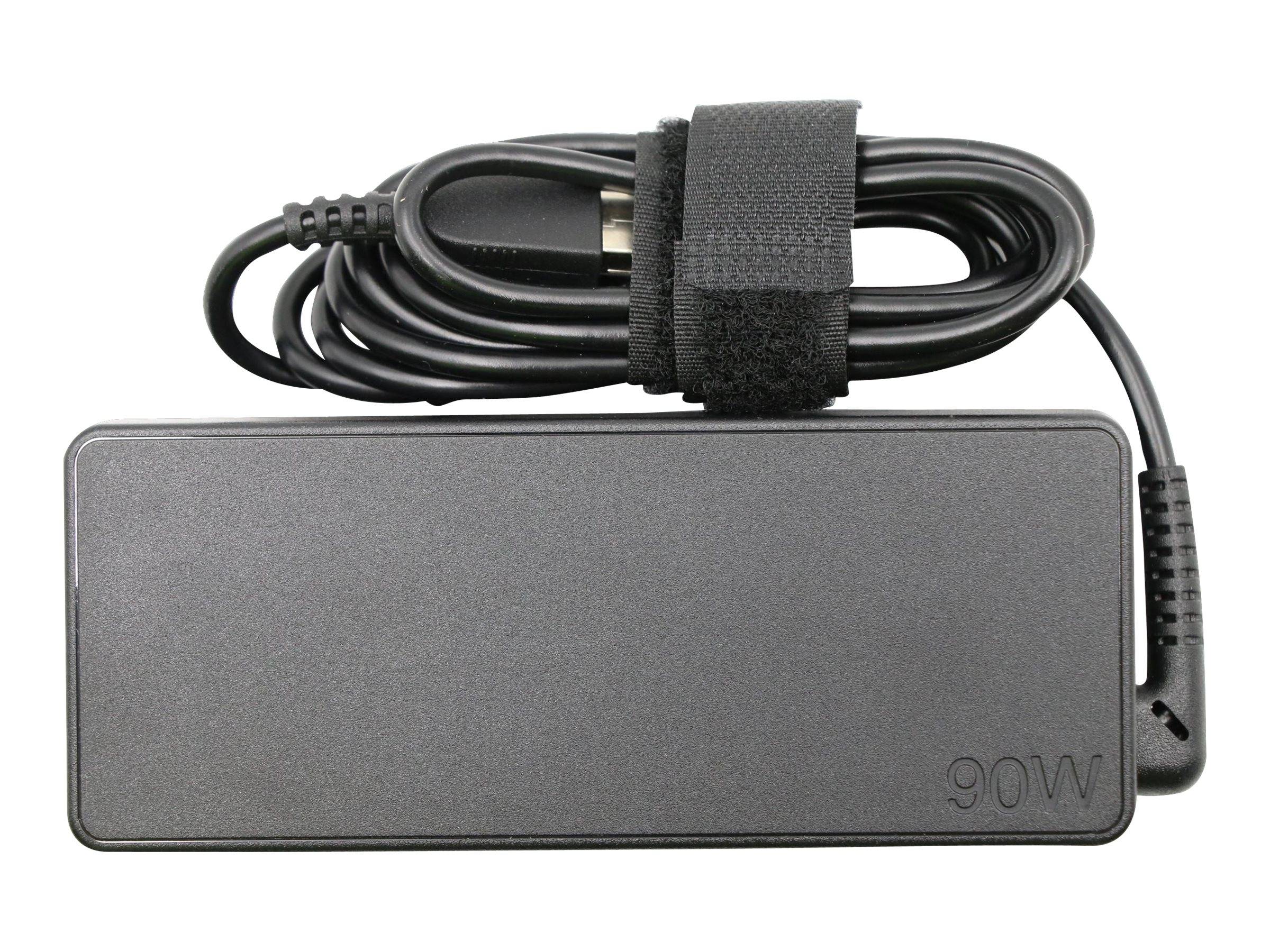 Schwarzer 90W Laptop-Stromadapter mit angebautem Spiralkabel und Stecker, isoliert auf weißem Hintergrund gezeigt.