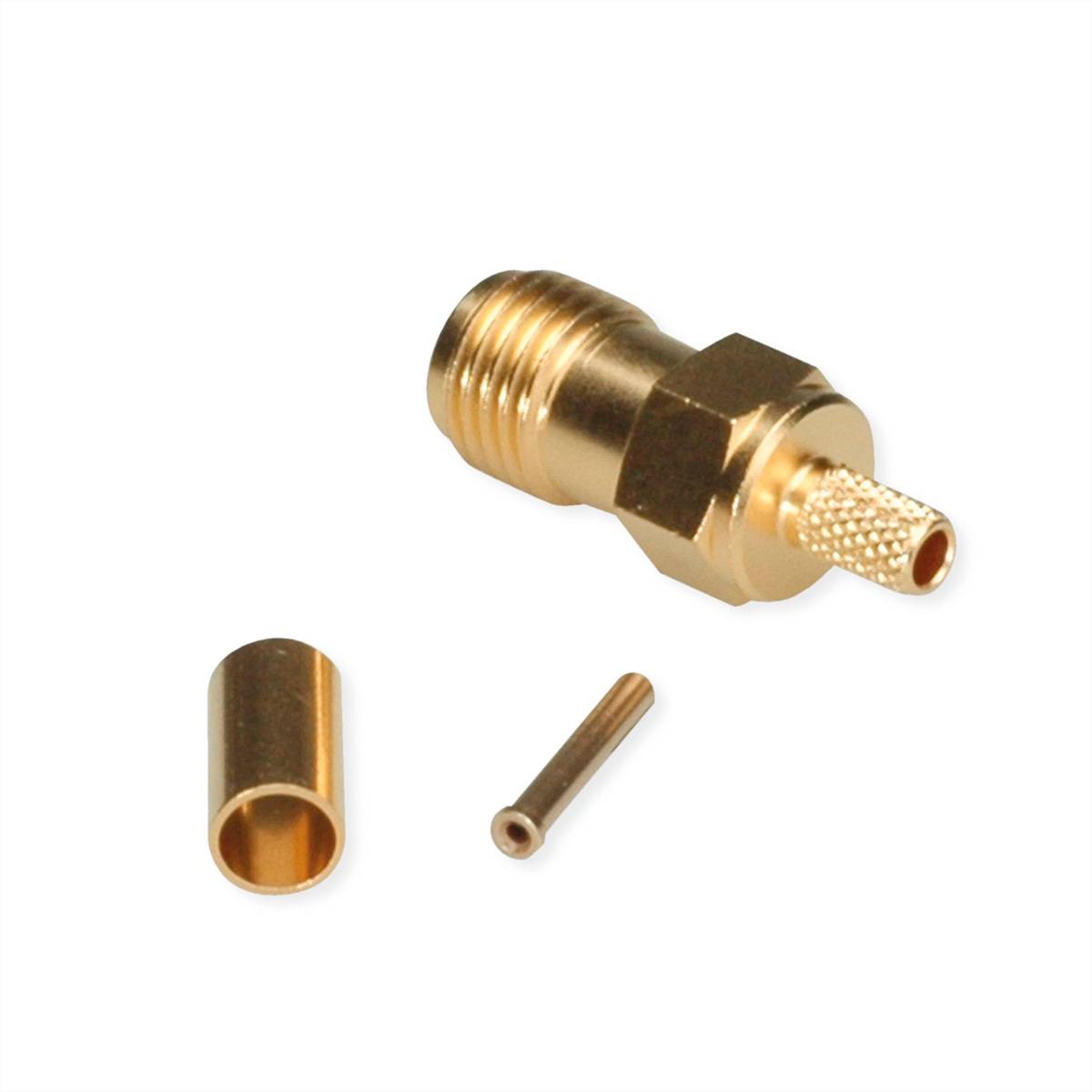 Ein vergoldeter HF-Stecker mit Gewindeschnitt und Stift, dargestellt in zerlegt mit zylindrischen Teilen zur Koaxialkabelverbindung.