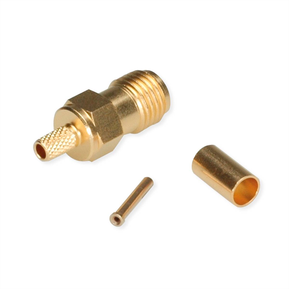 Ein vergoldeter HF-Stecker mit sechskantiger Basis und Gewinde am Ende, zusammen mit zwei abnehmbaren Komponenten unterschiedlicher Größe und Form.