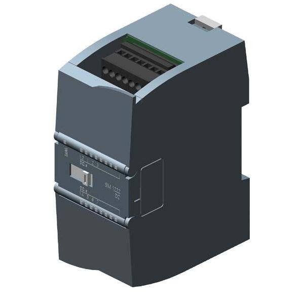 Eine 3D-Darstellung einer industriellen elektrischen Komponente mit Anschlüssen und Anzeigen, möglicherweise ein DIN-Schienen-montiertes Gerät für Automatisierung.